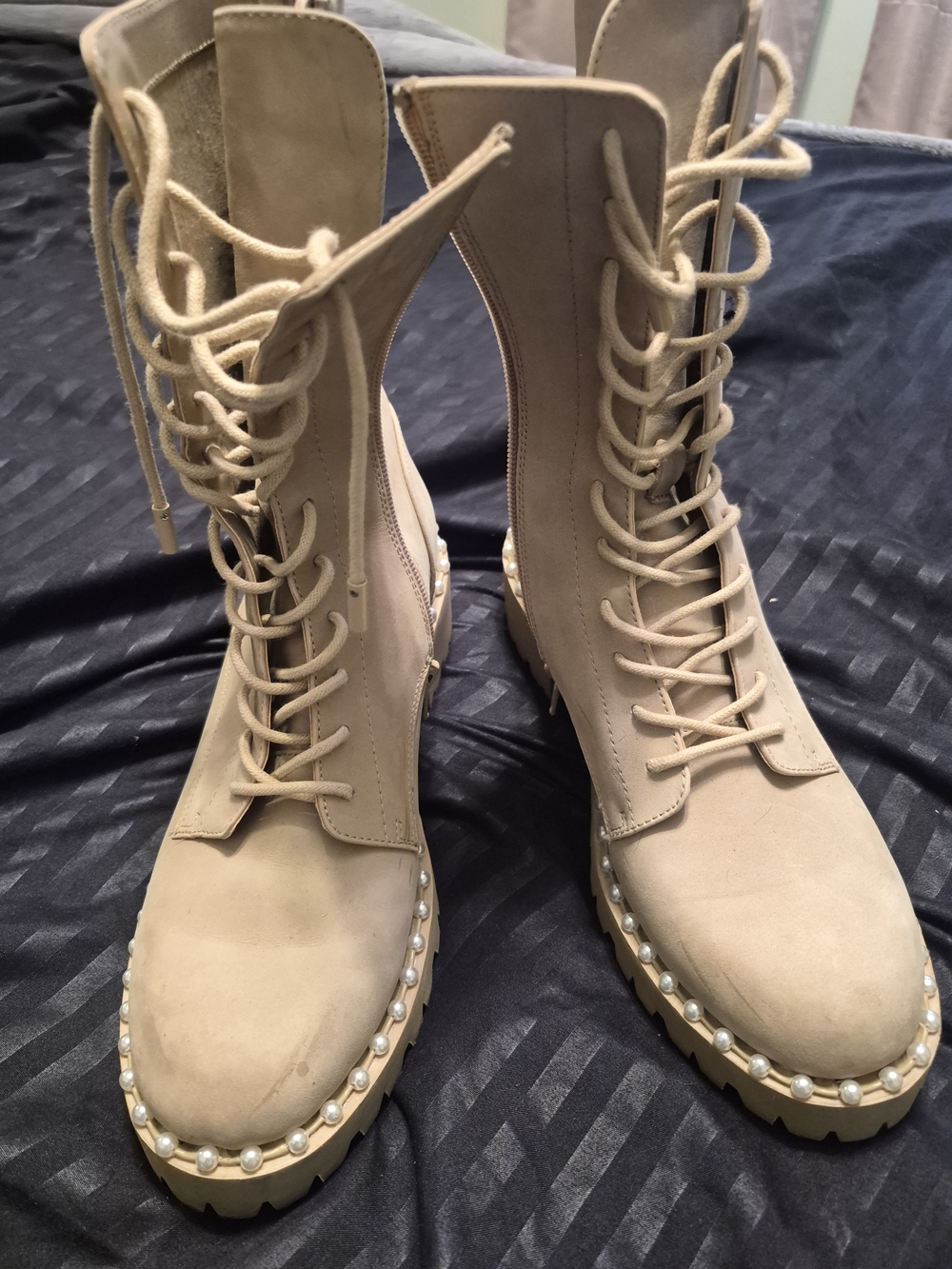 Lace-Up Pearl Trim Tan Women's Combat Boots